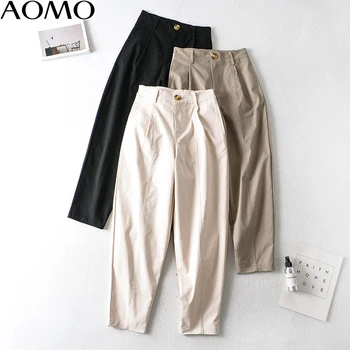 AOMO módne ženy vysoký pás bavlnené nohavice nohavice vrecká tlačidlá office lady nohavice pantalon AI08A