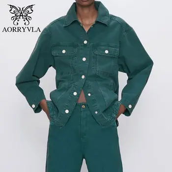 AORRYVLA 2020 Jeseň Tmavo Zelená Ženy Denim Jacket Celý Rukáv Zase Dole Golier Krátkej Dĺžky Tlačidlo Voľné Žena Jeans Bunda Teplá