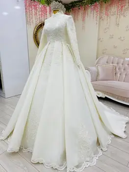 Appliques Moslimských Svadobné Šaty pre Nevestu 2020 Dlhý Rukáv Vysoká Krku Marocký Kaftane Svadobné Svadobné Šaty vestidos de novia