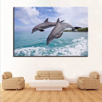 Art Print Modulárny Maľovanie Plagátu Zvierat Stenu Obrázok 1 Panel Delfíny Plátno Pre Domáce Dekorácie Detská Izba Rámec