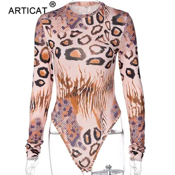 Articat Leopard Tlač Kombinézu Ženy Dlhý Rukáv O Krk Bodycon Sexy Playsuit Streetwear 2020 Zimné Klub Silm Športový Jumpsuit