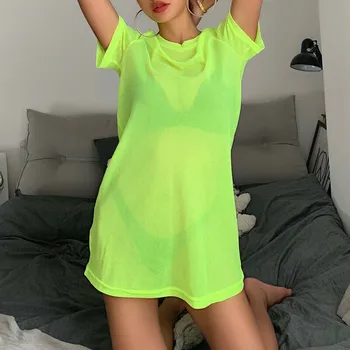 Artsu Neon Sexy Oka Úplnej Mini Šaty Žien Plavky zakryť Vidieť Cez Krátke Sleeve T-shirt Topy Plážové Šaty Letné ASDR70265
