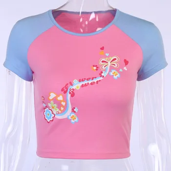 ArtSu Sexy Bodycon dámske Letné Plodiny Topy 2020 Kawaii Grafické Tlače Ružové tričká Estetické Ženské Oblečenie E-dievča ASTS52124