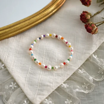 ASHIQI Prírodné sladkovodné perly Náramok pre dievča, Nové Ručné Boho Náramok Femme Candy Farby, Elastické Kúzlo Náramok