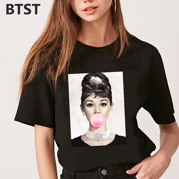 Audrey Hepburn Ružová Bublina Ženy Oblečenie Polyester Gotický Streetwear Kórejský Harajuku Grafické Tshirts Bežné Topy Punk Tričko