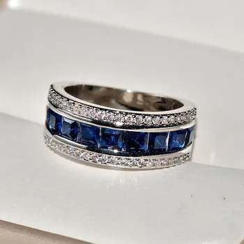 Autentické 925 sterling silver Prst Krúžky s Okrúhlym modrý Štvorec Cubic Zirconia Crystal široký Krúžok Pre Ženy, Svadobné Šperky