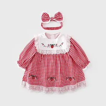 Baby Dievčatá Bavlna Roztomilý Šaty Batoľa Lacework Patchwork Kockované Šaty Kórejský Štýl Detí Oblečenie Výšivky Jahoda Frock