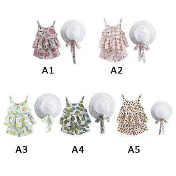 Baby Dievčatá Oblečenie Nastavuje Letný Detský Oblečenie Kvetinový Šifón Šatka Topy+Šortky Šortky Slamy Deti Oblečenie Set Sa