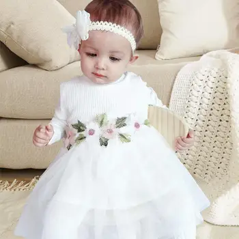 Baby Girl Dress Kvet Tylu Šaty Luk Dekor Dlhý Rukáv Oblečenie Batoľa Dievča Šaty Spoločenské A Svadobné Deti Narodeniny