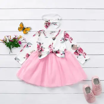 Baby Girl Dress Kvet Tylu Šaty Luk Dekor Dlhý Rukáv Oblečenie Batoľa Dievča Šaty Spoločenské A Svadobné Deti Narodeniny