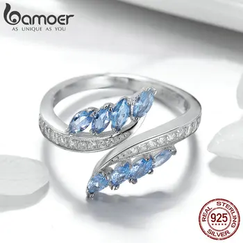 BAMOER Leaf Krúžok Autentické 925 Sterling Silver Svetlo Modrý Zirkón Otvorte Veľkosť Prsta Prstene pre Ženy, Luxusné Šperky Crystal GAR005