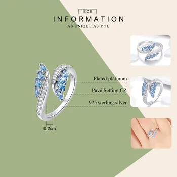 BAMOER Leaf Krúžok Autentické 925 Sterling Silver Svetlo Modrý Zirkón Otvorte Veľkosť Prsta Prstene pre Ženy, Luxusné Šperky Crystal GAR005