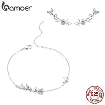 Bamoer Reálne 925 Sterling Silver Ženy Jemné Šperky Vyhlásenie Cat & Motýle Stud Náušnice Brinco 2020 Bijoux SCE961