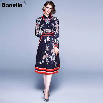 Banulin Módne Dráhy Jeseň Midi Šaty 2020 Ženy S Dlhým Rukávom Vintage Prúžok Kvetinový Vytlačené Elegantné Bežné Kancelárske Šaty