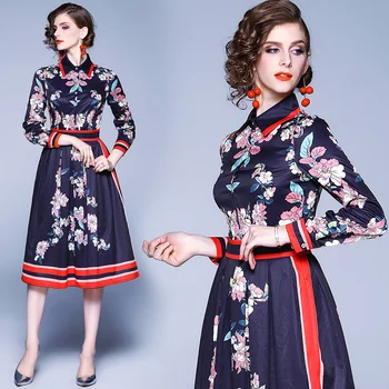 Banulin Módne Dráhy Jeseň Midi Šaty 2020 Ženy S Dlhým Rukávom Vintage Prúžok Kvetinový Vytlačené Elegantné Bežné Kancelárske Šaty