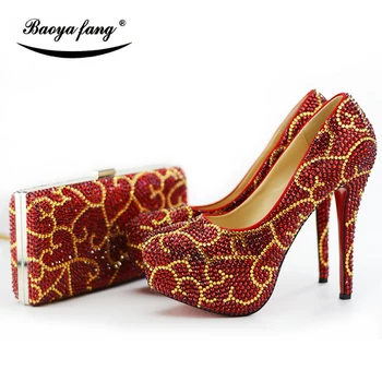 BaoYaFang Red crystal dámske Svadobné topánky s príslušnými tašky Nevesta Vysoké podpätky platforma topánky a kabelku sady Žena Vysoké topánky