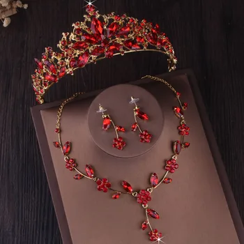 Barokový Vintage Zlato Red Crystal Kvetinové Svadobné Šperky Sady Svadobné Koruny Tiaras Náušnice, Náhrdelník Nastaviť Afriky Korálky Šperky Set
