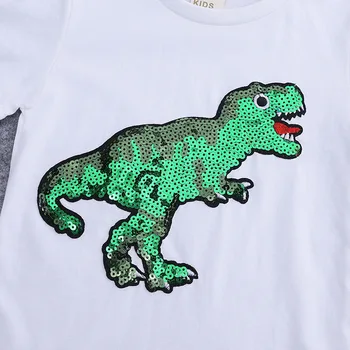 Batoľa Chlapci Tshirts Sequin Deti Topy Cartoon Krátke Rukáv Tričko Pre Chlapcov Deti Dinosaura Oblečenie 1-7 Rokov