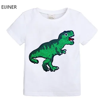 Batoľa Chlapci Tshirts Sequin Deti Topy Cartoon Krátke Rukáv Tričko Pre Chlapcov Deti Dinosaura Oblečenie 1-7 Rokov