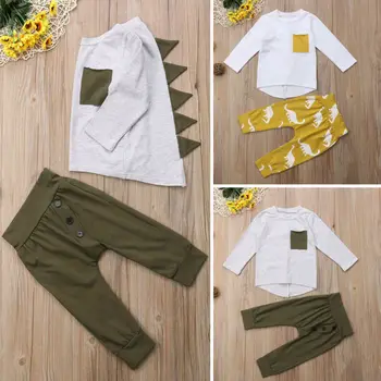 Batoľa Detský Baby Chlapci Nové Jarné Oblečenie Sady 3D Dinosaura Potlačené Bavlnené tričko, Nohavice, Oblečenie na 6 mesiacov - 5 Rokov