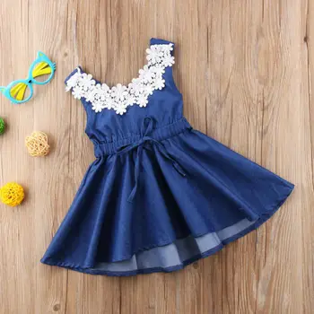 Batoľa Detský Baby Dievčatá Oblečenie Čipky Kvetinový Denim Princess Party Šaty Sundress
