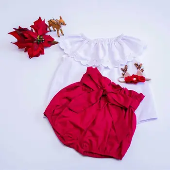 Batoľa, Dieťa, Dievča, Chlapec, Čipky Krátky Rukáv Topy + Červené Nohavice Šortky Letné Oblečenie Oblečenie Nastaviť 2020 Nové Módne
