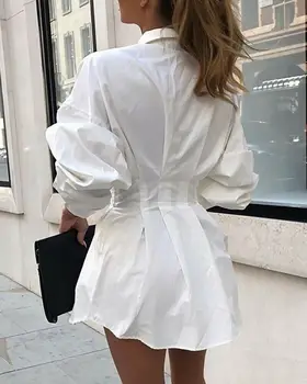 Batwing rukáv biele mini šaty Žien office lady skladaný, blúzky, košele, šaty na Jeseň vysoký pás slim elegantné krátke šaty