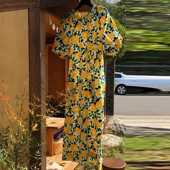 Bavlna Flower Šaty, Žlté Rúcho Longue Lístkového Rukáv Bežné Midi Kórejský Letné Beach Vestido Festa Dámske Šaty Moda Feminina