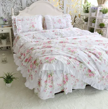Bavlna kvet posteľná bielizeň nastaviť keper princezná vetrom rozstrapatené deka kryt obliečka na vankúš rastlín upozorniť kvetina tlače bowknot posteľ šíriť HM-11F