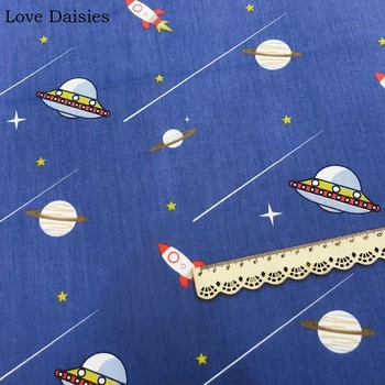 Bavlna Twill MODRÁ Cartoon Priestor Rocket Star Plachetnici Textílie pre Účtovná Vankúš Oblečenie Dekor