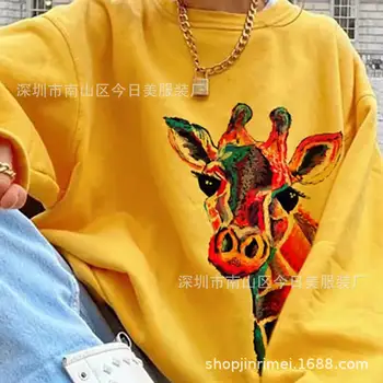 Bazhenova Cartoon Somár Print T Shirt Jeseň Zima Dlhý Rukáv Bežné Ženy, Dievčatá O-Krku Voľné Topy Streetwear T1823