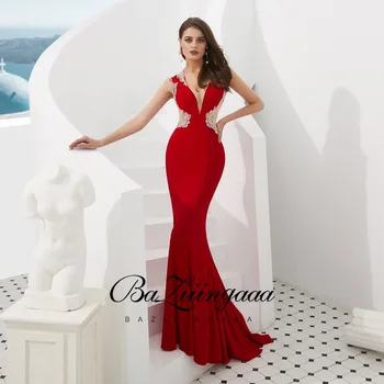 BAZIIINGAAA Nové Jednoduché Červené Šifón Morská víla Večerné Šaty s Korálkami Späť tvaru bez rukávov Dizajn Dlhé Večerné Šaty