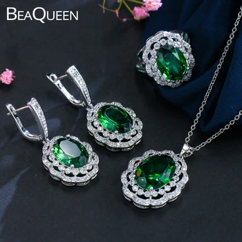 BeaQueen 3 Ks Veľké Emeral Zelenými Zirkónmi Kameň Nastavenie Kvet 925 Sterling Silver Etiópskej Šperky Sady pre Ženy JS105