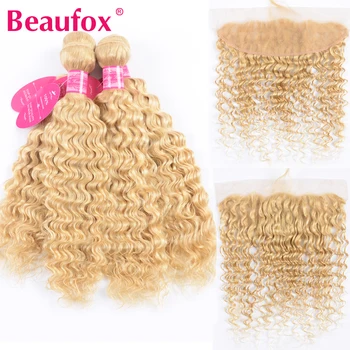Beaufox 613 Blondína Zväzky S Čelnej Uzavretie 613 Peruánskej Hlboké Vlny Ľudské Vlasy Čipky Čelnej Uzáver S Zväzky Remy