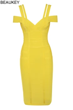 BEAUKEY Nahé Žltý Dvojitý Popruh V Krku Koleno Dĺžke Celebrity Obväz Šaty Strech Šaty Lacné XL Orange Bodycon Šaty Obväz