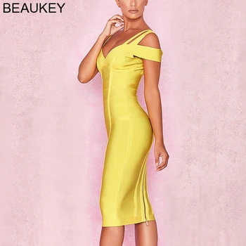 BEAUKEY Nahé Žltý Dvojitý Popruh V Krku Koleno Dĺžke Celebrity Obväz Šaty Strech Šaty Lacné XL Orange Bodycon Šaty Obväz