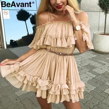 BeAvant Prehrabať skladaný šifón letné šaty Elegantné ženy mimo rameno krátke šaty dámske Holiday beach voľné mini šaty ružové