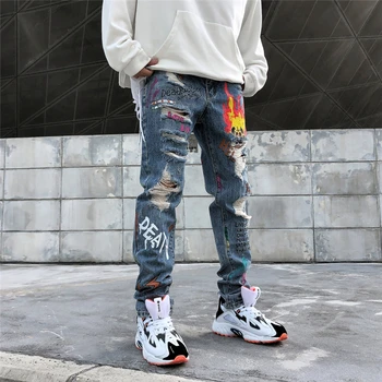 Bebovizi Hip Hop Streetwear Roztrhlo Slim Fit Džínsy Skinny Džínsy Japonsko Graffiti Plameň Kostra Tlač Mužov Jogger Džínsové Nohavice