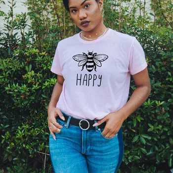 Bee Happy Tshirts Ženy Krátky Rukáv Čmeliaky Bee Tlačiť T-shirts Letné Módy Tumblr Tričko Inšpirujúce TShirts Trendy ClothingFK62