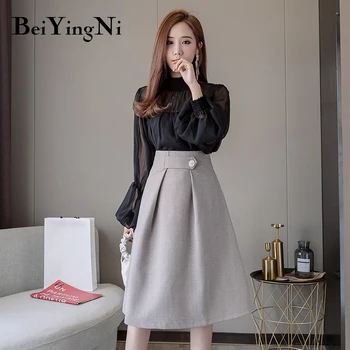 Beiyingni 2019 Módne Sukne pre Ženy Tlačidlo Jeseň Zima Vintage Pevné Práce Nosiť Sukne Ženy kórejský Vysoký Pás Elegantné Saias