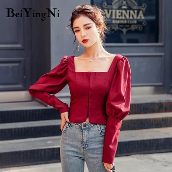 Beiyingni Sexy Blúzky Dámske Červené Víno Čierna Jeseň Dlhý Rukáv 2020 Slim Bežné Blusas Žena Ostrihané Top Fashion Kórejský Košele