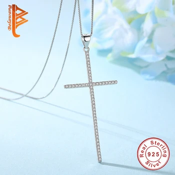 BELAWANG 925 Sterling Silver Cross Náhrdelník & Prívesok Trblietavými Zirkónmi Crystal Kríž Náhrdelník Pre Ženy Dámske Šperky