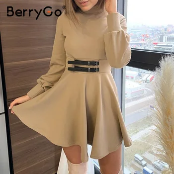 BerryGo Elegantné turtleneck ženy pletené šaty s Dlhým rukávom zimné šaty khaki A-line office lady chic krátke jesenné šaty žena