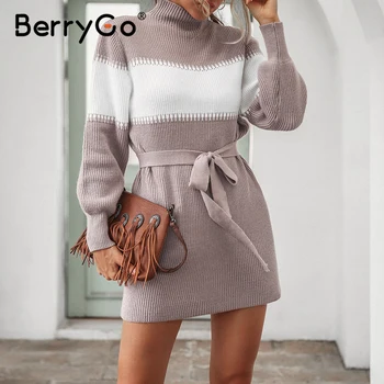 BerryGo Fashion stripe pletené šaty Čipky útulné vysoká krku horela rukáv šaty na Jeseň v teple bežné krátke dámske šaty 2020 nové