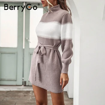 BerryGo Fashion stripe pletené šaty Čipky útulné vysoká krku horela rukáv šaty na Jeseň v teple bežné krátke dámske šaty 2020 nové