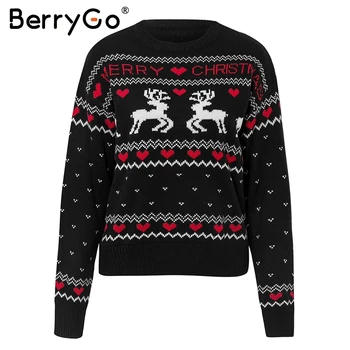 BerryGo O-krk dlhý rukáv vianočné svetre ženy Elegantné dámy top jumper Jeseň zima jeleň tlač pletené ženy pulóver