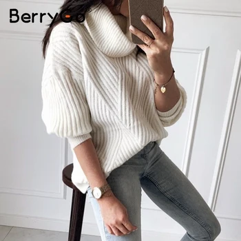 BerryGo Turtleneck pletený sveter žena Bežné batwing dlhý rukáv pulóver jumper Ženy streetwear dámy biely sveter 2020