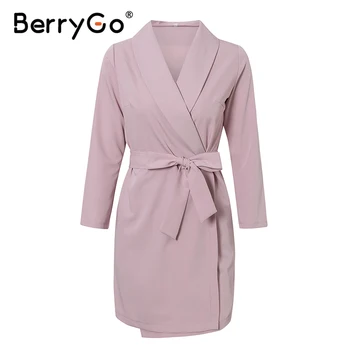 BerryGo tvaru pracovné oblečenie office šaty žien, vysoký pás s dlhým rukávom ružové sako šaty Plus veľkosti krídla bežné jarné šaty vestidos