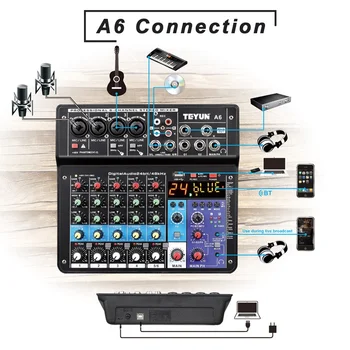 Bezdrôtový Bluetooth, 6 Kanálový Prenosný Audio Mixer USB Počítača Profesionálne Stereo Zvuk Mixing Console 48V Phantom DSP Pre DJ