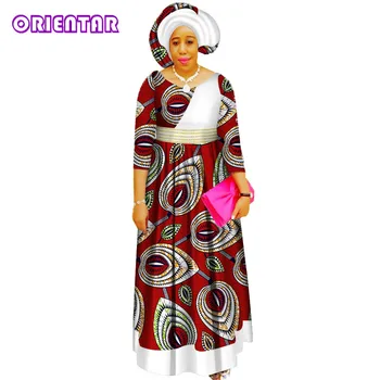 Bežné Afriky Šaty pre Ženy Africkej Tlače Župan Africaine Vysoký Pás Ankara Šaty s Headtie Afriky Oblečenie WY3435